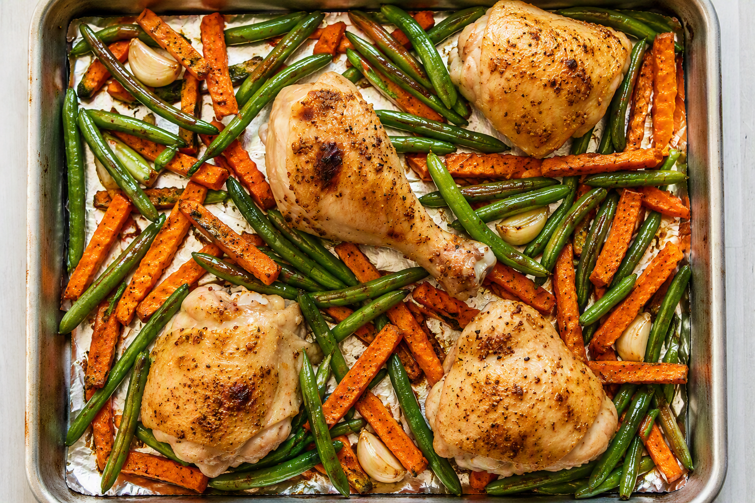 Sheet Pan Honey Mustard Chicken Thighs with Sweet Potatoes and Green Beans